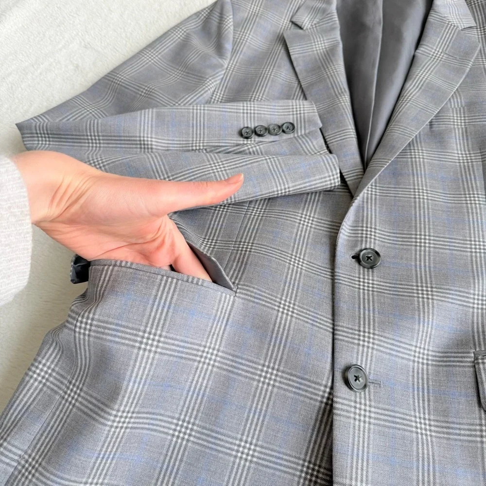 Brooks Brothers 1818 Reda Wool Plaid Gray Blue Long Sleeve Blazer 40R